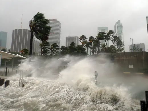 Hurricane Irma seen striking Miami, Florida with 100+ mph winds and destructive storm surge.